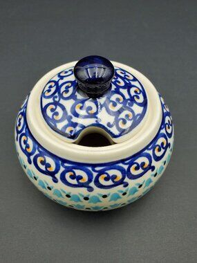 Polish Pottery Sugar Bowl with Notched Lid Blue Tulips Swirls Orange Dots